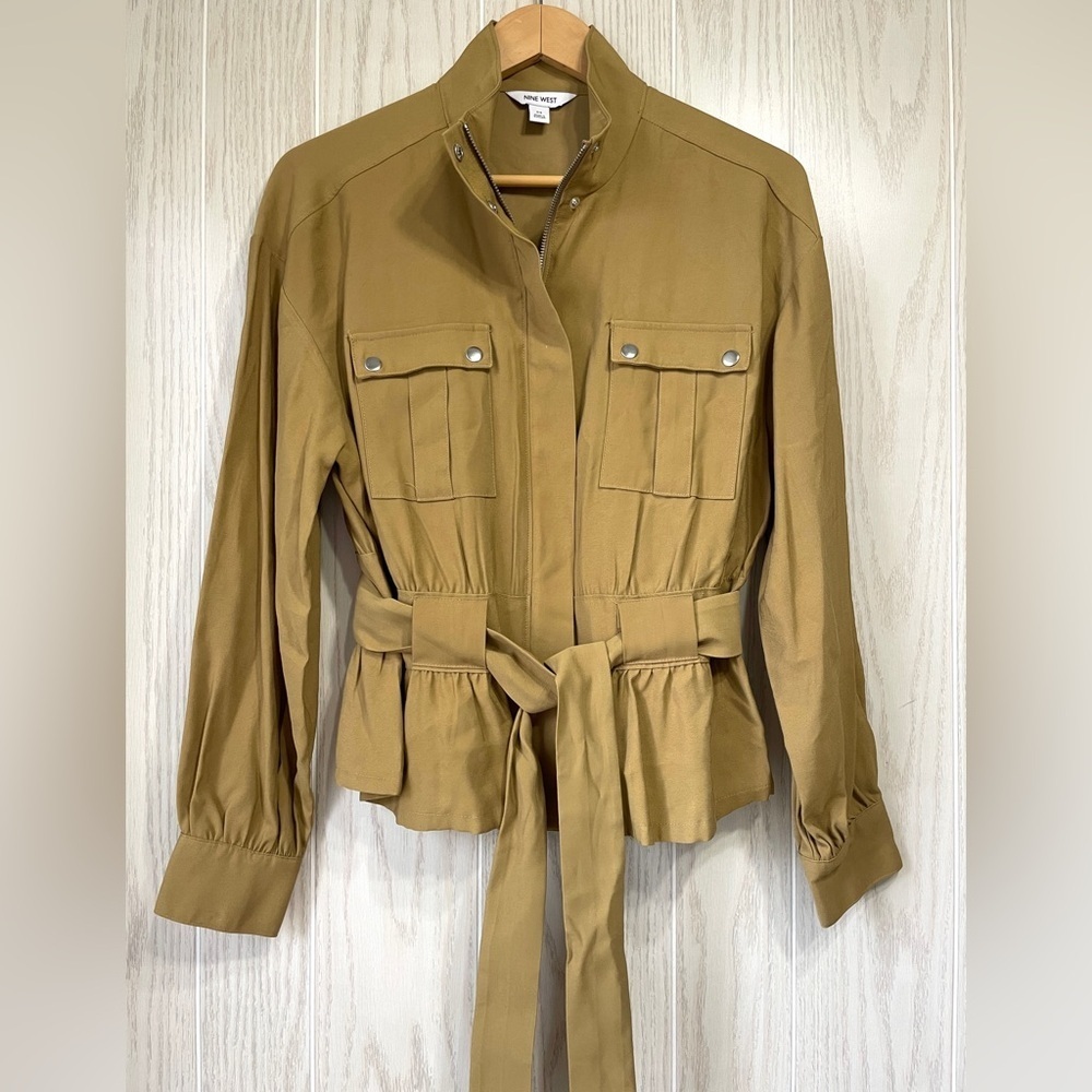 Nine West Solid Belted Utility Jacket Sergio Olive Size M Zipper Front LNC